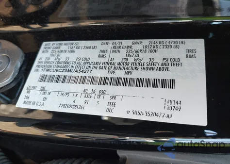 2021 Ford Escape Sel Hybrid z USA, uszkodzony, nr VIN 1FMCU9CZ0MUA54277